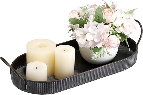 Miniatura 8 de Hipiwe Bandeja ovalada de hierro de metal galvanizado con asa, bandeja de almacenamiento de estilo industrial, bandeja decorativa rústica para mesa