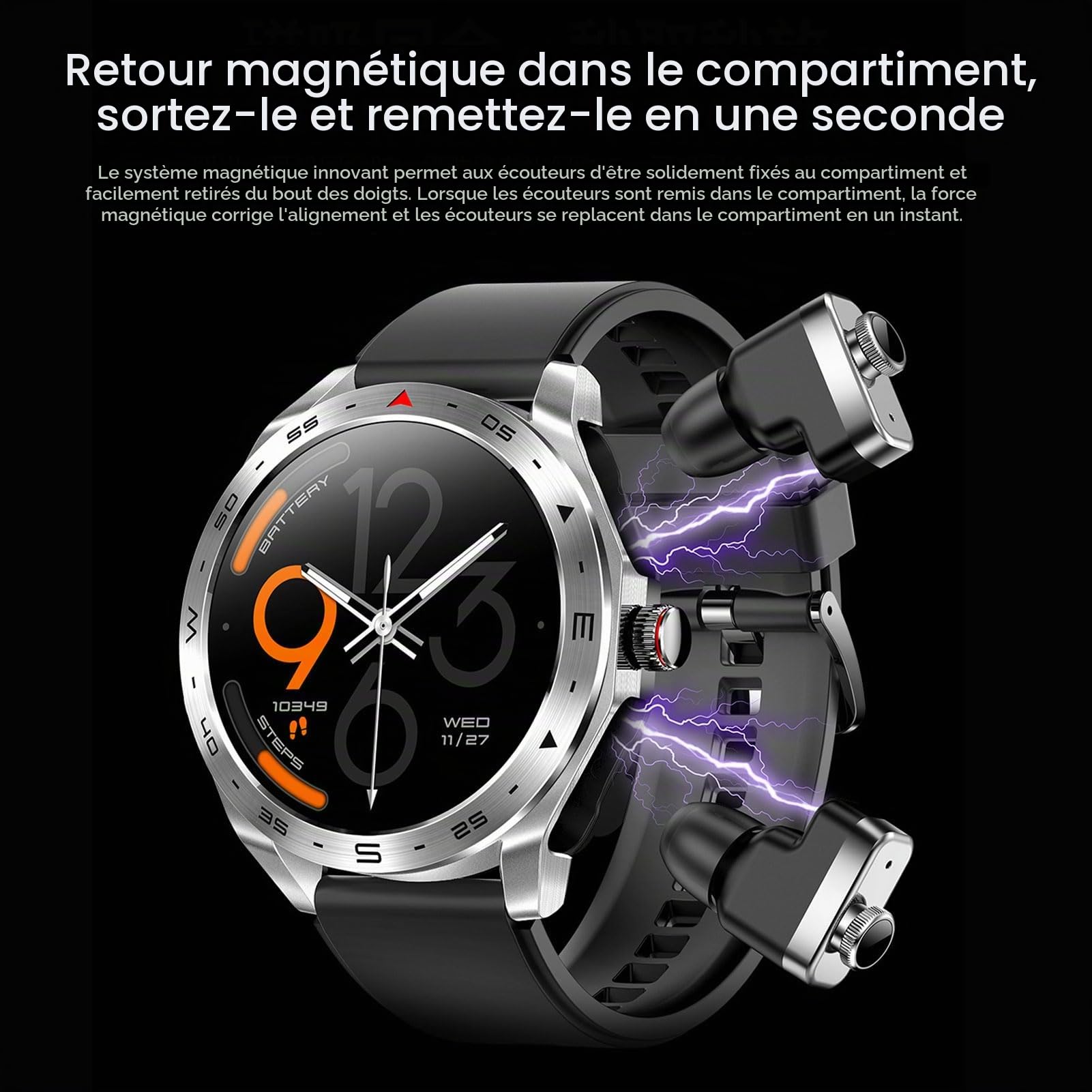 Montre Connectée 2 en 1 avec écouteurs sans Fil, Prévisions Météo, Minuterie, Alarme, Montre de Sport avec écouteurs Antibruit pour Hommes et Femmes