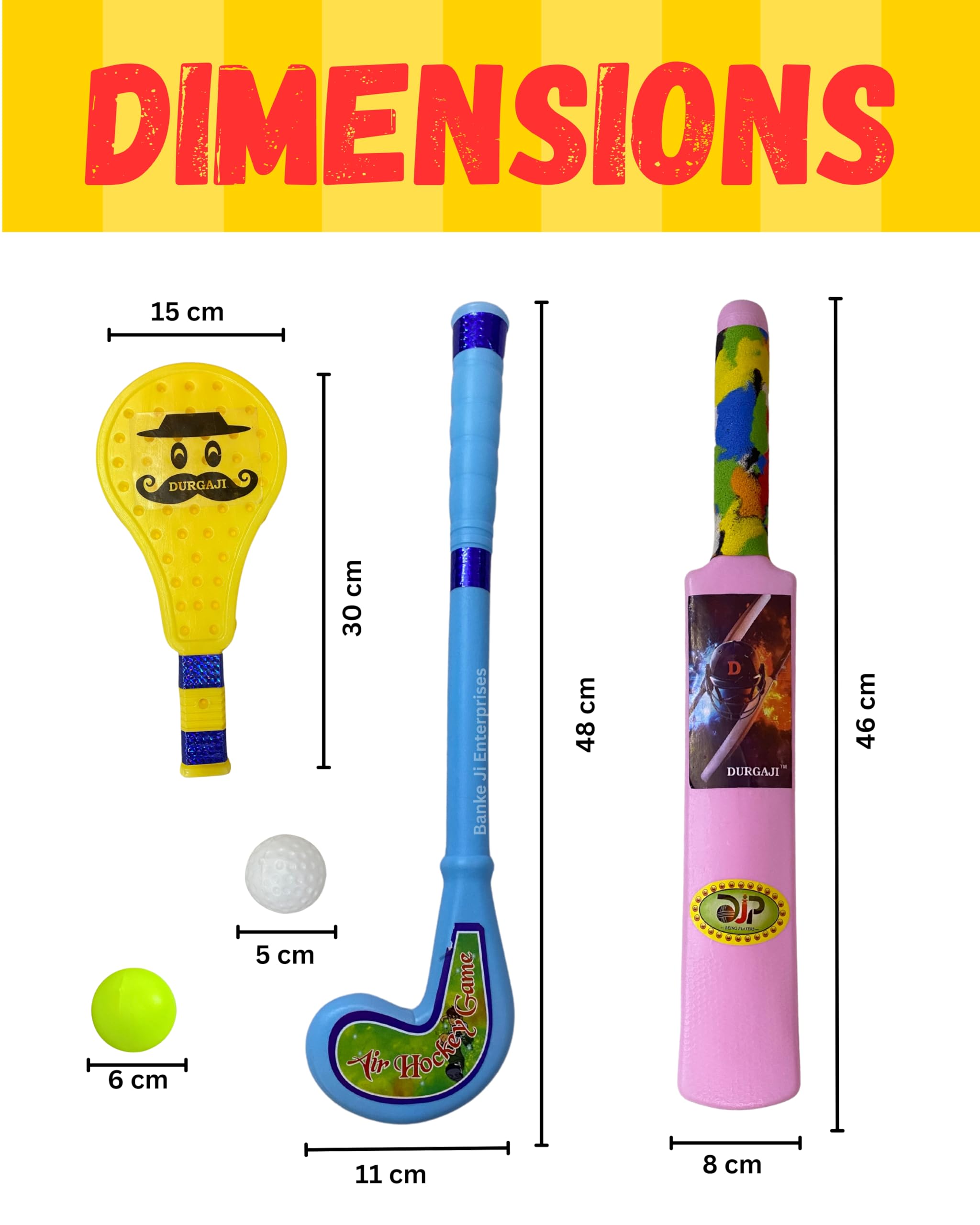 Banke Ji 3 in 1 Sports Combo - Cricket Bat, Hockey Stick, Tennis Racquet with Balls (Pink Cricket Bat, Blue Hockey Stick & Yellow Racket)