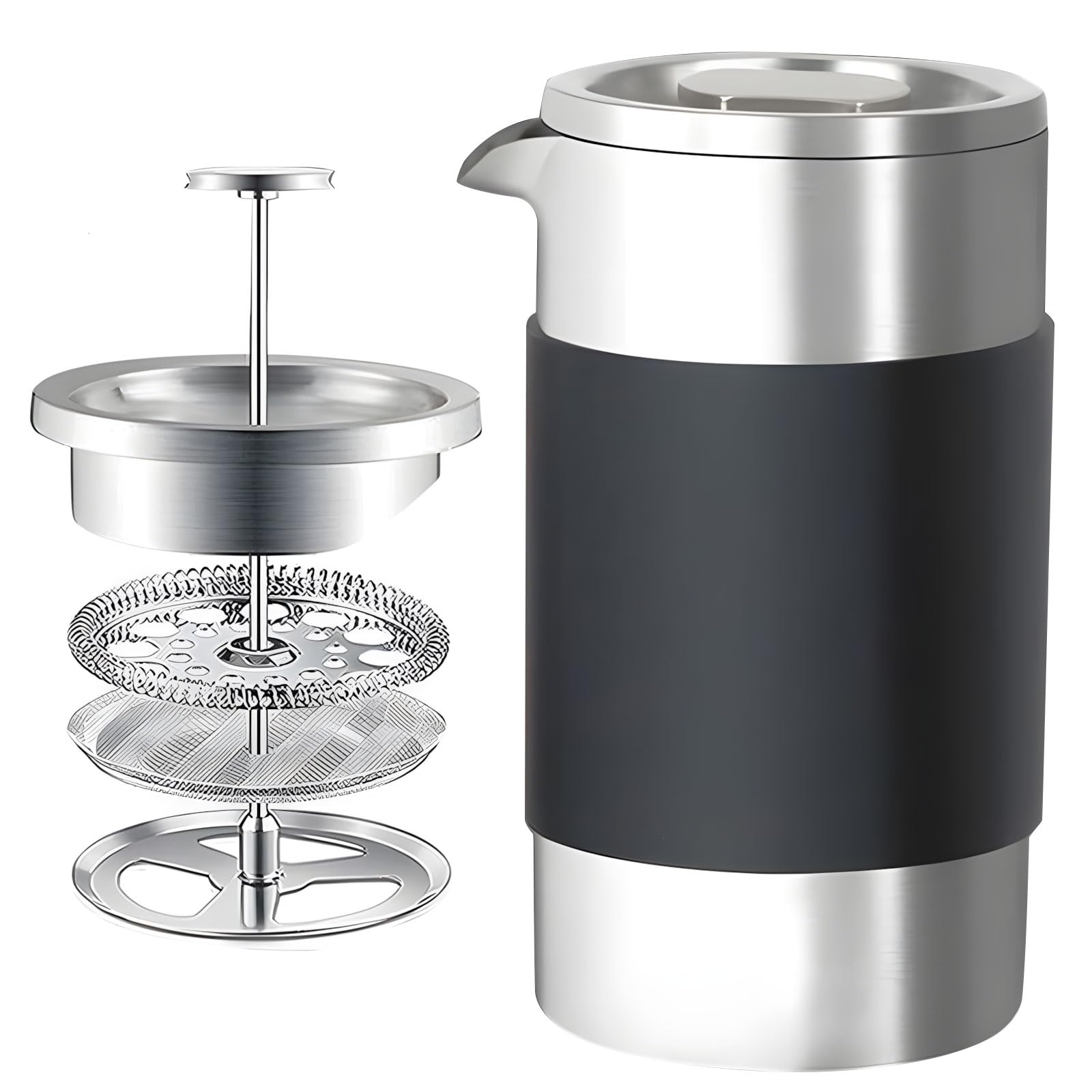 Qusinfc Sturdy 304 Stainless Steel Coffee Brewing Device Fine Strainer for Full Flavor 350ml Silicone Sleeve Cafetière