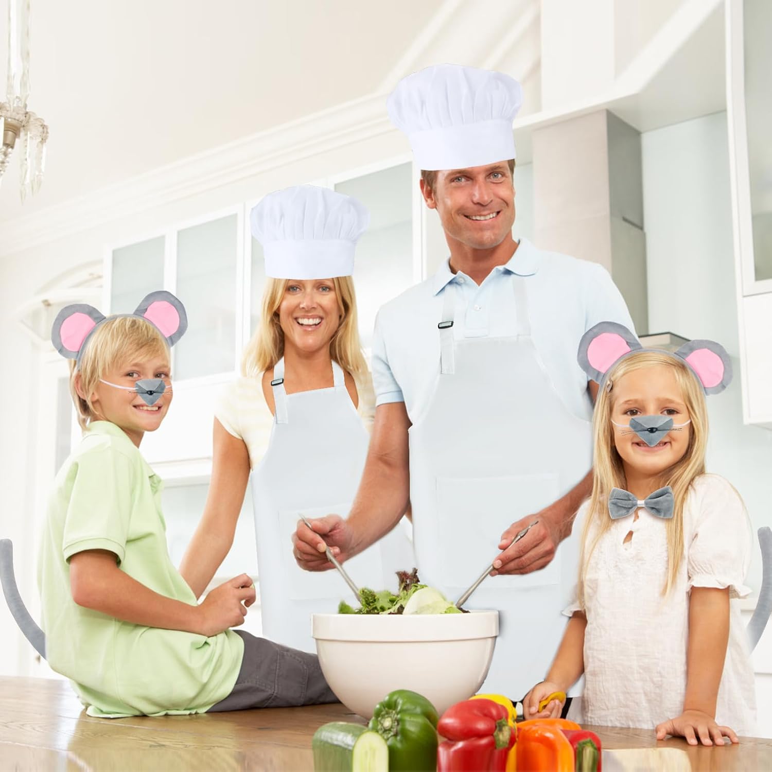 Kyson Halloween Mouse Chef Couple Costume Accessories 6 Pcs Mouse Headband Nose Bowtie Kit Tail Chef Apron Hat for Women Men - Image 6
