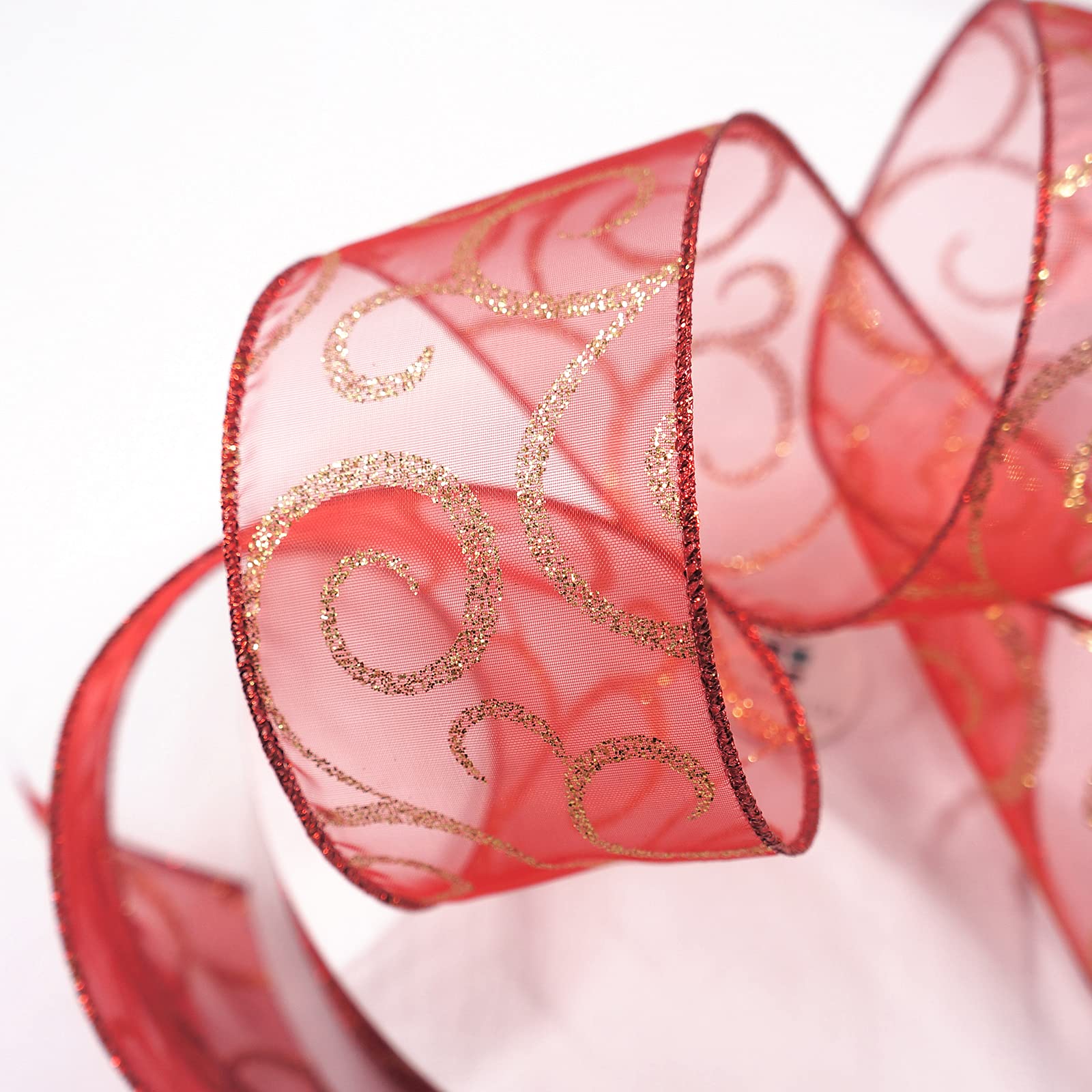Rotes Organzaband mit goldfarbenem Glitzer-Wirbel, Drahtband, 6,3 cm x 45,7 m
