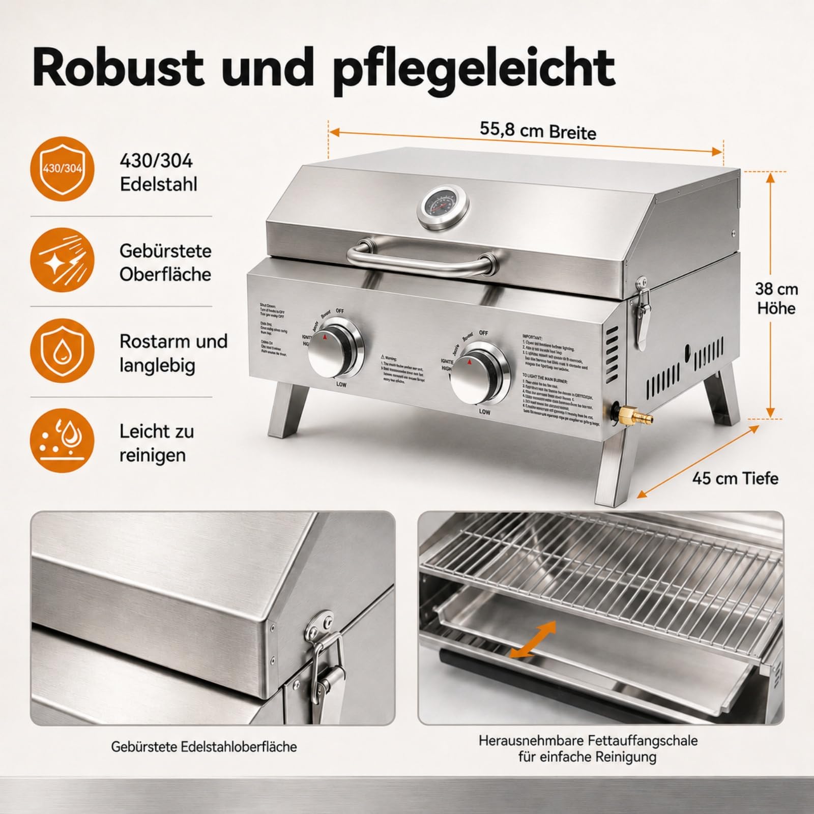 Barbecue à gaz portable en acier inoxydable - 2 brûleurs en acier inoxydable - 55,8 x 45 x 38 cm - Barbecue de camping - Pieds pliables - Pour balcon, camping, jardin