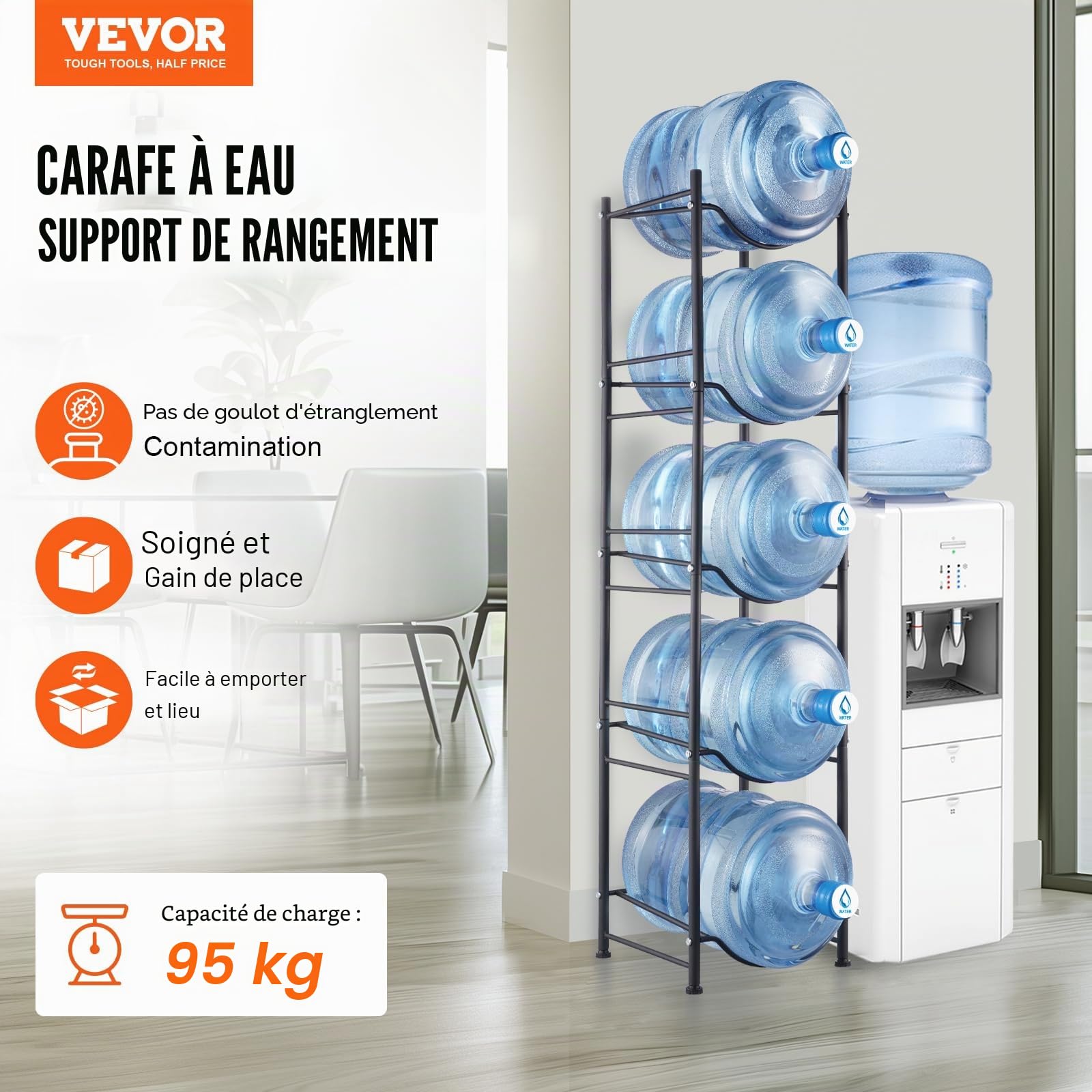 VEVOR Rack à Bonbonnes à 5 Niveaux et 1 Rangée, Support Bouteille d’Eau de 18,9 L, Capacité 5 Pièces, Range Bonbonnes d’Eau Solide, Rangement pour Garde-Manger, Cuisine, Bureau, Salon, Usine, Noir
