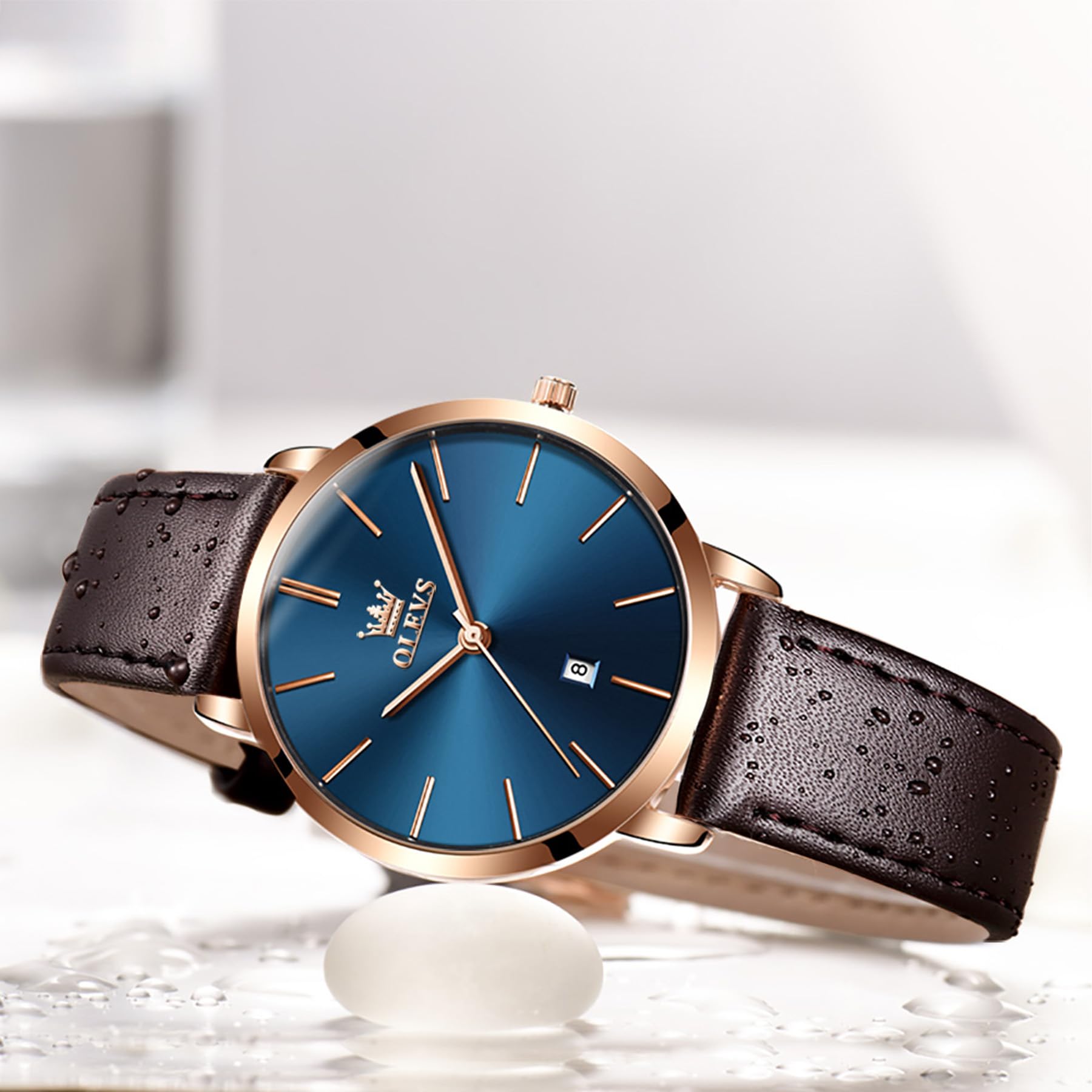 OLEVS Damen-Armbanduhr, 6,5 mm, minimalistisches Design mit Lederband, Datumsanzeige, 30 m wasserdicht, Quarz, ultradünn, Business-Armbanduhr