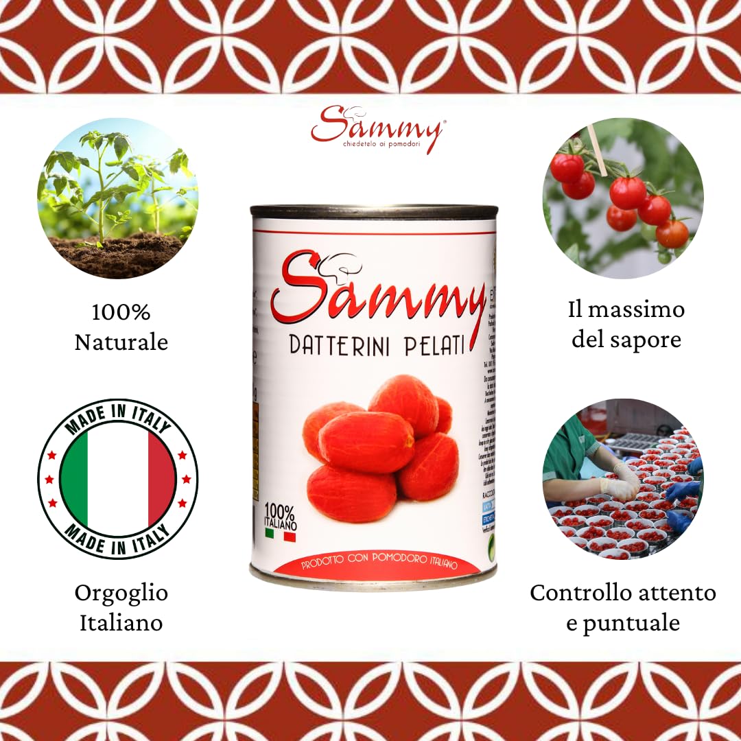 SAMMY - I Datterini Pelati, Pomodorino Datterino Pelato in Succo di Pomodoro, 100% Filiera Italiana, Gusto Dolce e Intenso, 12 Pezzi in Latta da 400gr