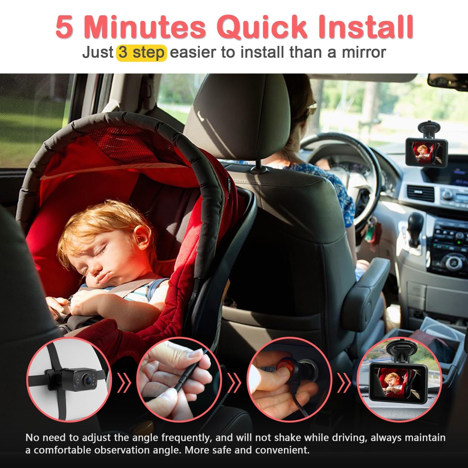 Itomoro Cámara de coche para bebé, 4.3 pulgadas, 1080P, visión nocturna, monitor de bebé con cámara en 5 minutos, fácil instalación, visión amplia cristalina para asiento trasero ACZ407