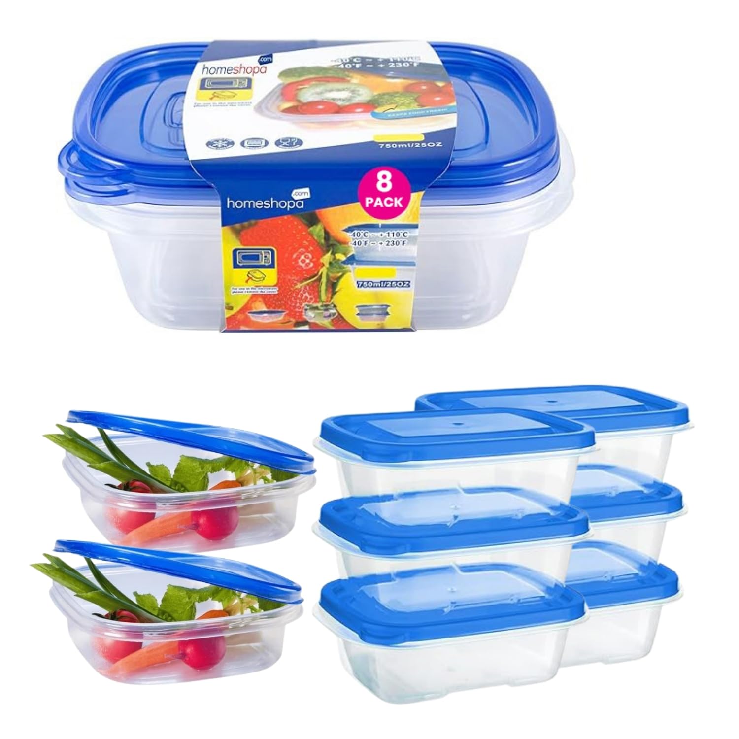 Homeshopa.com Blue Lid Homeshopa Food Storage Containers With 750Ml, 8 Pack Rectangular Bpa Free Plastic Containers With Airtight Lids, Reusable, Stackable, Nestable Meal Prep Boxes