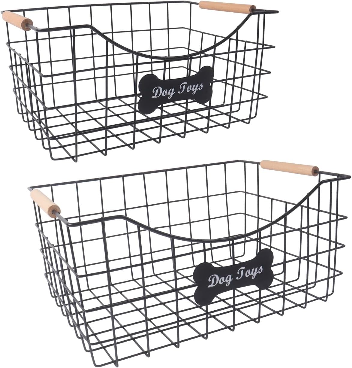 Metal Dog Toy Basket,Set of 2 Iron Wire Dog Toy Bin,Puppy Toy Box with Wooden Handle,Sturdy Dog Organizer Ideal for Leash,Blanket,Toys,Snacks,Accessories