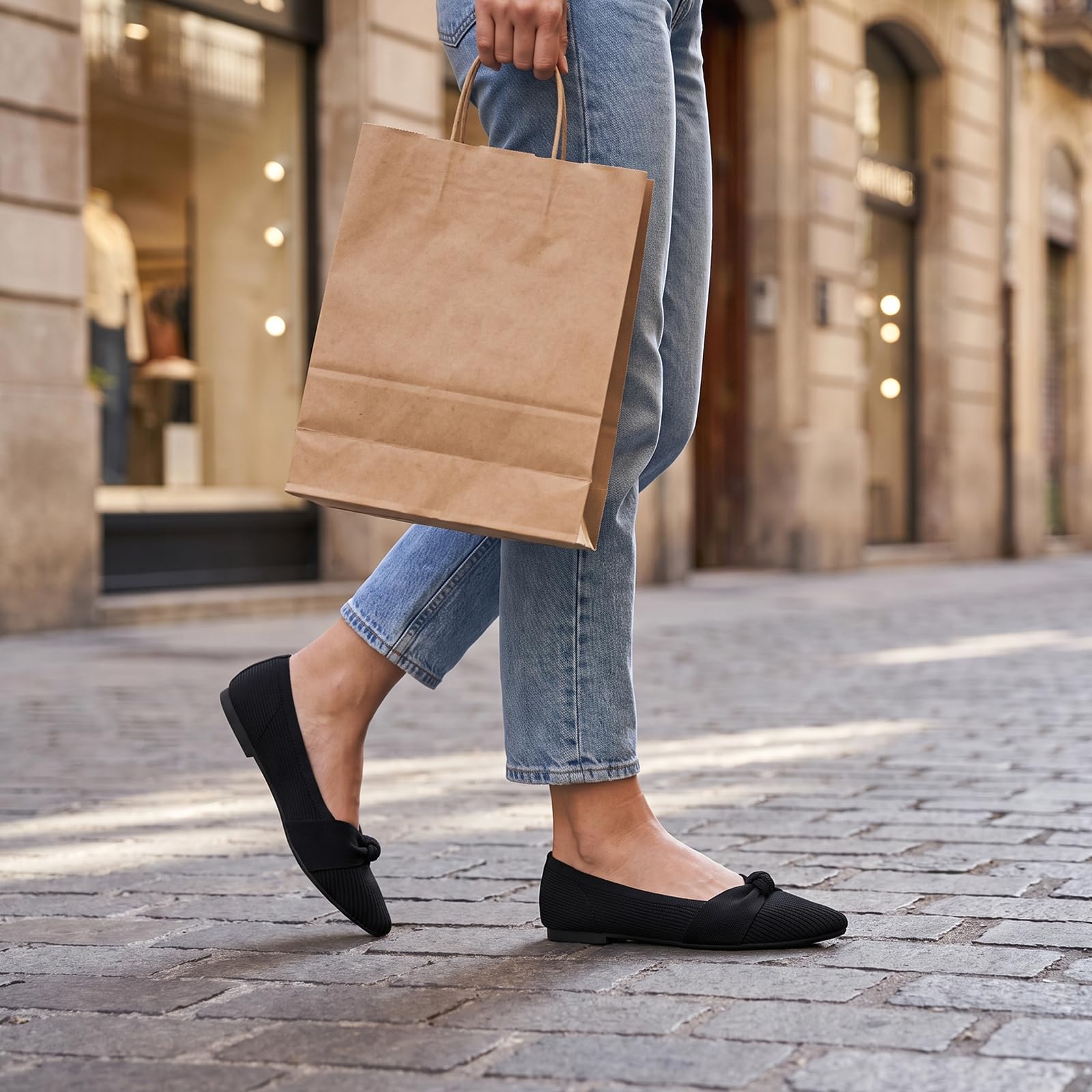CALEBGAR Damskie baleriny spiczaste, płaskie buty z dzianiny z kokardką, eleganckie i wygodne wsuwane klapki wsuwane do noszenia w czasie wolnym i do biura