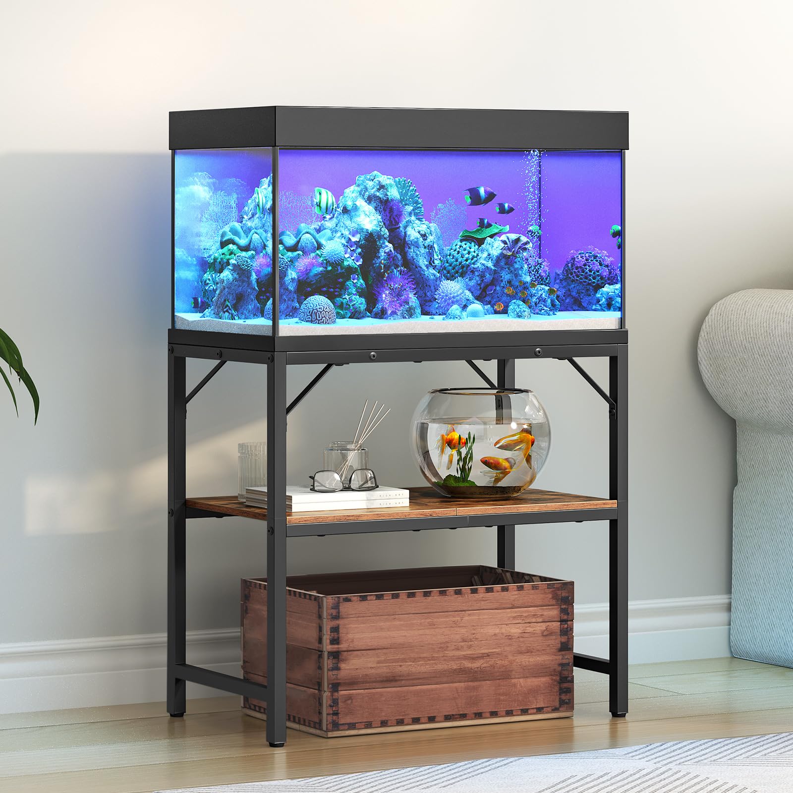 MAHANCRIS Soporte para Acuario de 30 Galones, Soporte de Acuario con Estantes de Almacenamiento de 2 Niveles, Soporte Resistente para Terrario de Tortugas Reproductoras para Casa y Oficina, 76,2 cm L