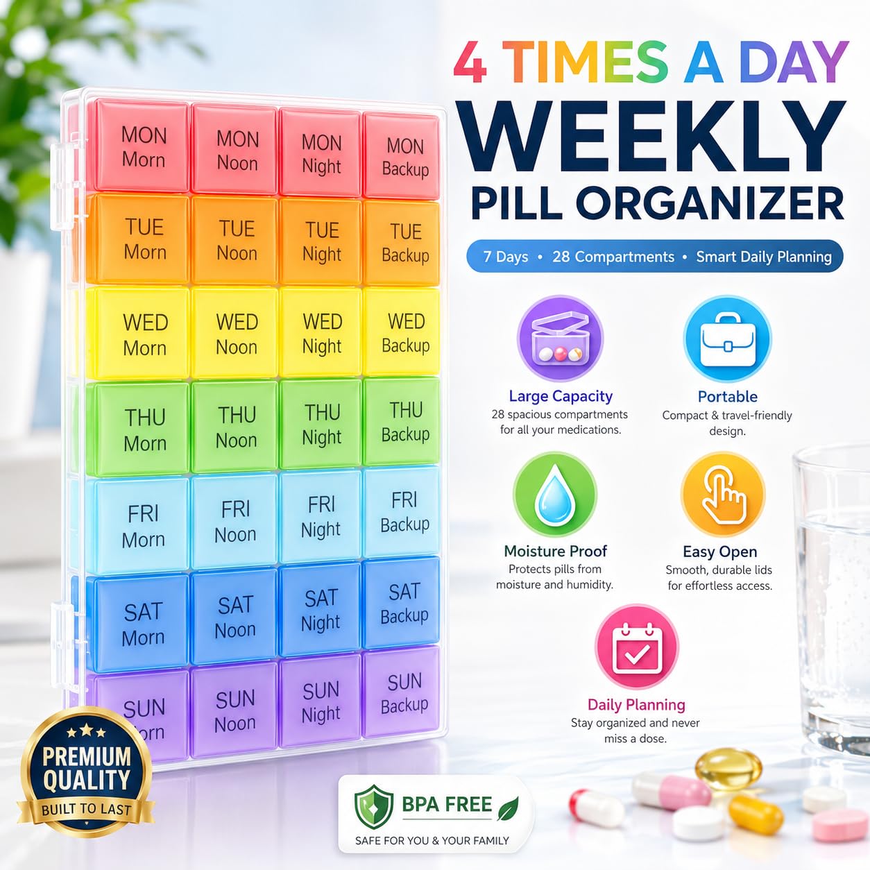 JimXen Weekly Pill Organizer Medicine Box 7 Day 4 Times | 28 Slots Large | Moisture-Proof, BPA-Free Tablet & Vitamin Storage Case | Portable Daily Pill Planner for Home, Office & Travel (4 Times 7 Day) 2