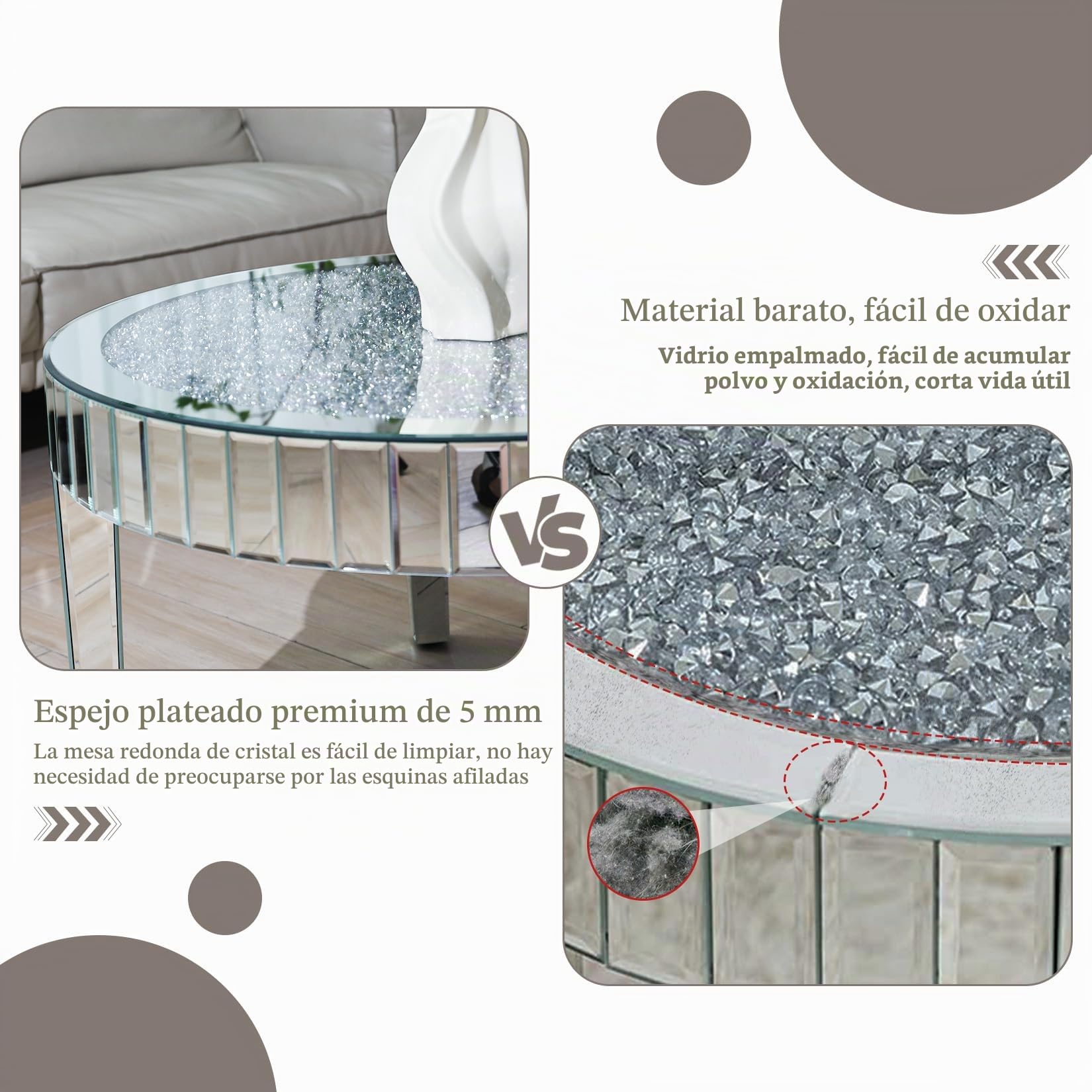 Mesa de Centro Redonda de Espejo y Diamantes: Mesa Cafe Baja Barroca Plateada Brillante Decorativas para Sofá Salón Habitacón Oficina 80x80x46cm