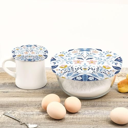 Miniatura 4 de Fundas elásticas reutilizables para tazones, 5 piezas, flores populares y polillas para almacenamiento de alimentos, cubiertas elásticas, cubiertas