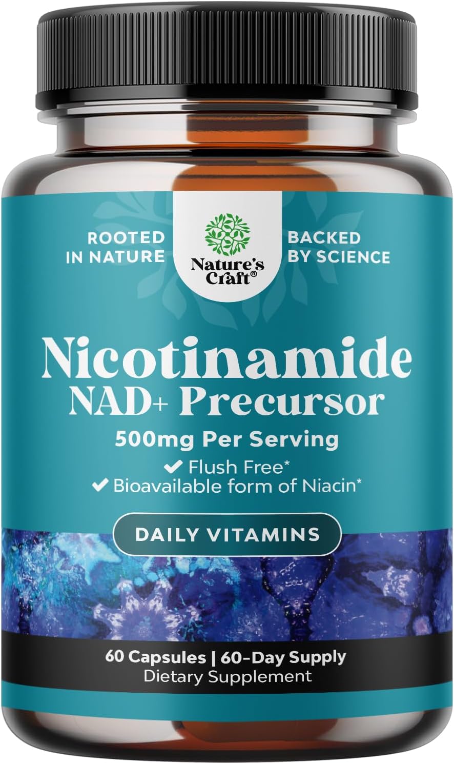 Vitamin B3 Nicotinamide 500mg Capsules - Mitochondrial Energy and Anti Aging Skin Supplement - AKA Vitamin B3 Niacin 500mg Flush Free and Niacinamide 500mg - Flush Free Niacin Supplement - 60 Count