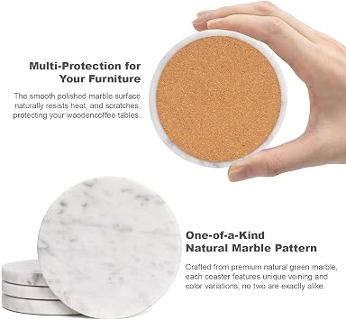 Set of 4 White Drink Coasters, 4-Inch Exquisite Marble Stone Coasters, Natural Stone Design, Perfect for housewarmings, Anniversaries, and Office Decor, While Helping Protect countertops