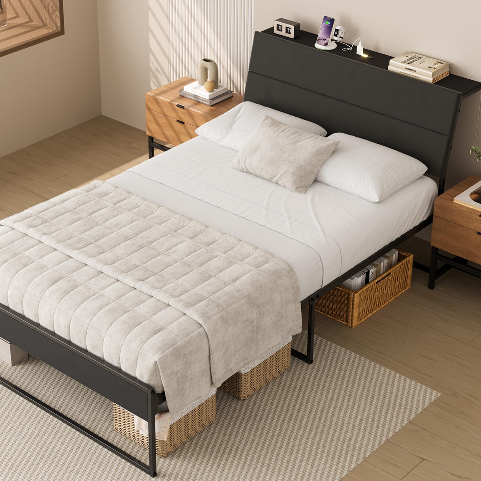Upholstered Bed Frame with Soft Padding, Slanted Headboard Fabric Bed, Semi-Double Bed Like a Sofa with Built-In Lighting & Outlet, Spacious Multifunctional Matrix Shelf, High Load Capacity