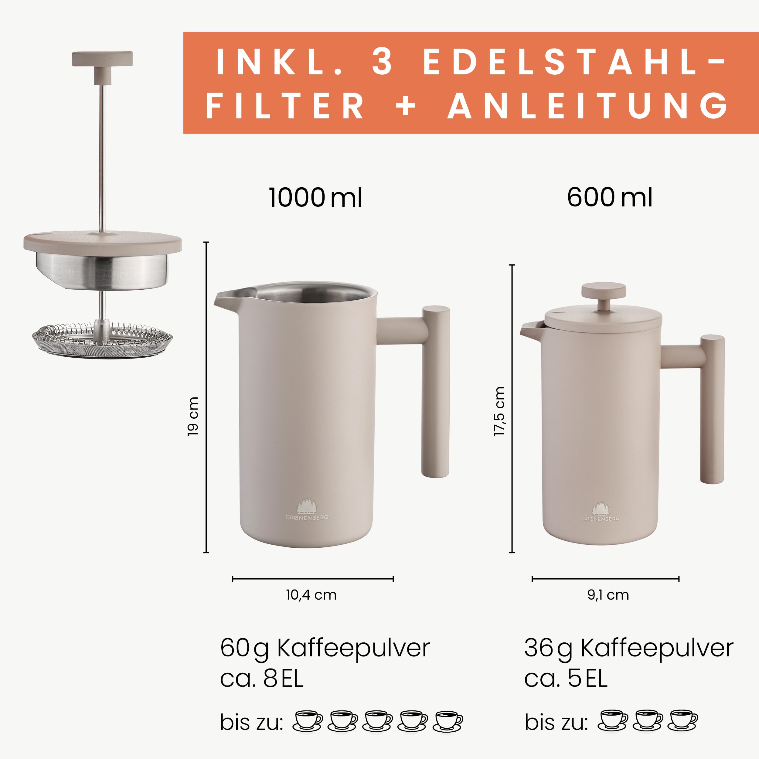 Groenenberg French Press Earth 600 ml o. 1 Liter I Hochwertige Kaffeepresse mit Thermo Warmhalte-Funktion I Edelstahl Kaffeebereiter