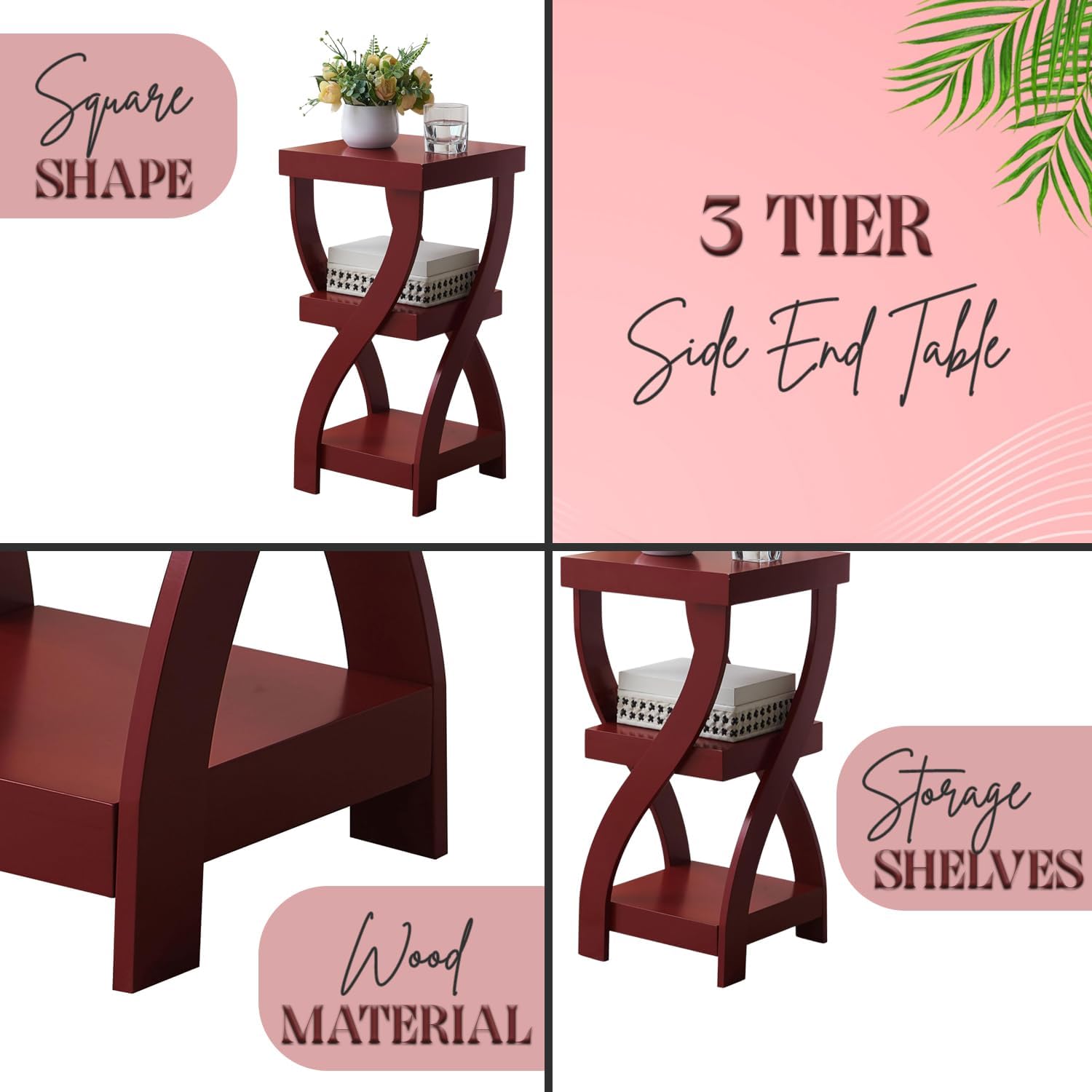 Kings Brand Furniture Lionel 3-Tier End Table, Twisted Wood Accent Side Table with Open Storage Shelves, Modern Narrow Nightstand for Living Room, Bedroom, Office or Entryway, Red