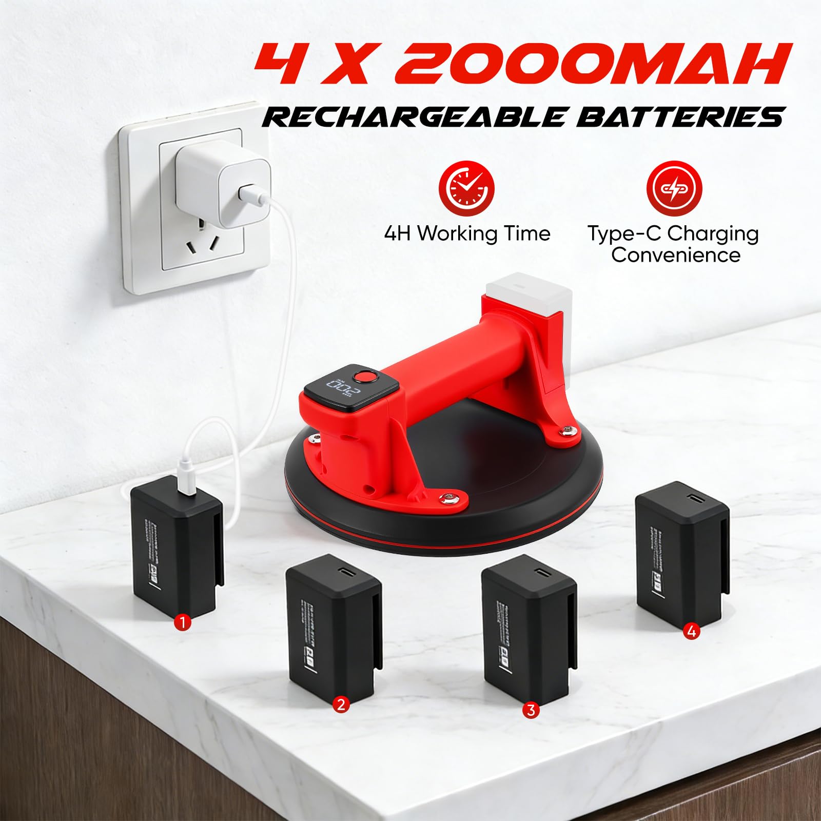 Elevador de succión con batería, juego de 2 unidades, 20 cm, elevador eléctrico para azulejos, aspirador de cristal con 4 baterías de 2400 mAh, pantalla LCD, capacidad de carga máxima de 200 kg
