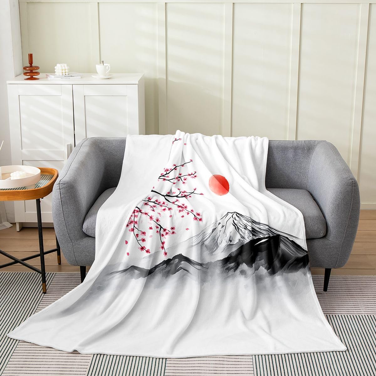 Castle Fairy Fuji Mountain Ukiyo-e Painting Bed Blanket,Nature Landscape Flannel Blanket for Room Decor,Japanese Cherry Blossoms Bedding Set for Kids Adults Sofa Dorm Decor,Throw 50"x60"