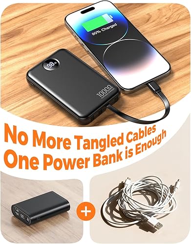 Miniatura 4 de Banco de energía de 10000 mAh con 4 cables integrados, cargador portátil de carga rápida PD de 20 W con pantalla LED, salidas USB-C y USB-A, 5