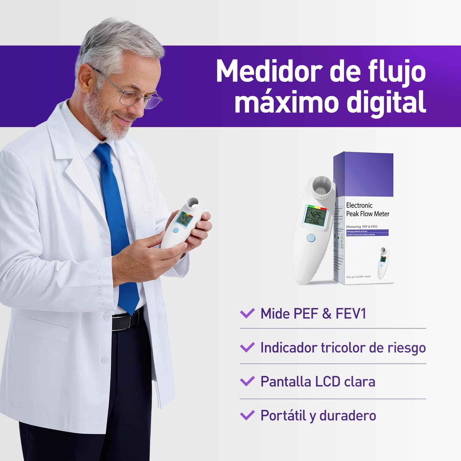 Medidor de flujo espiratorio, sin Bluetooth, para adultos y niños para monitorear la función pulmonar, LCD, espirómetro digital para asma, EPOC, PEF y FEV1, indicador de riesgo, formulario de diario