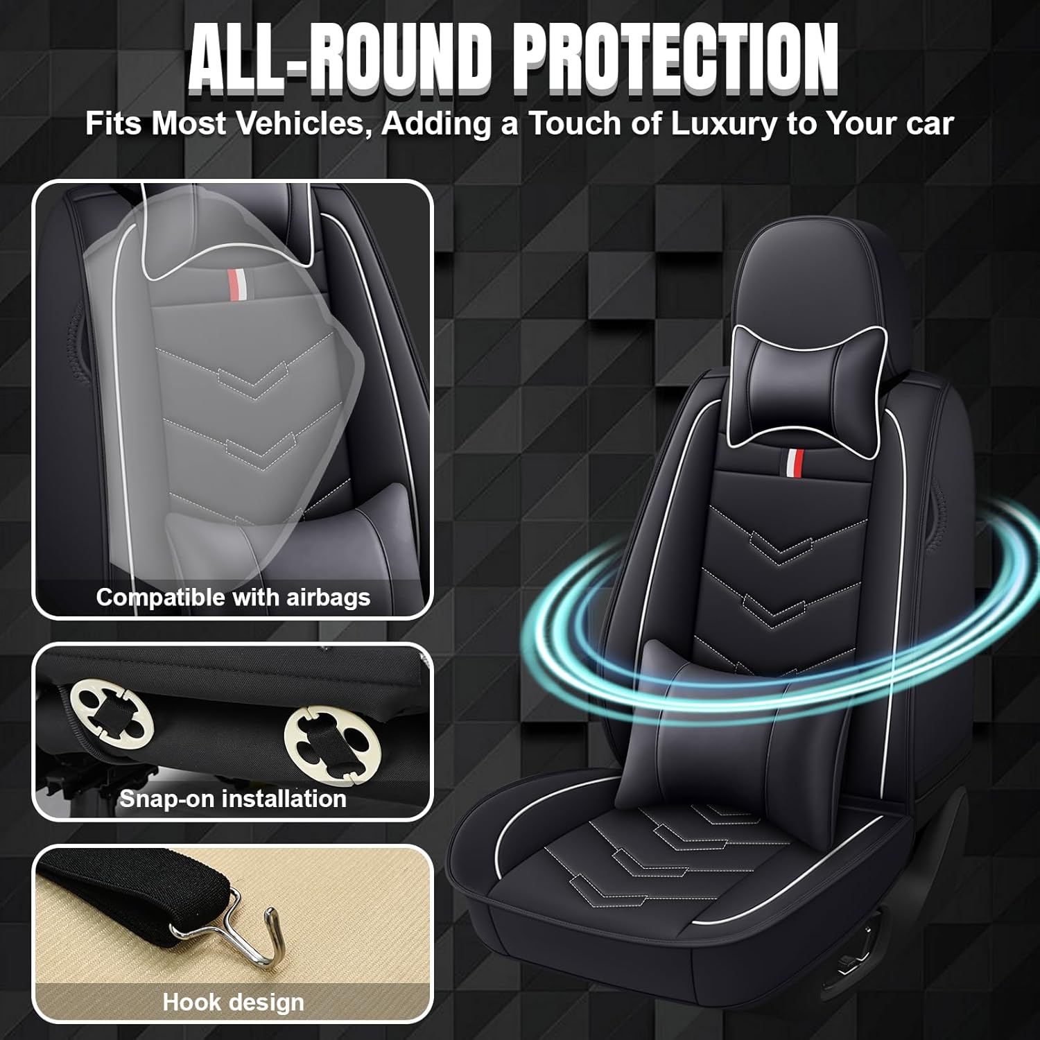 Car Seat Covers 7 Seats for Chevy Traverse 2008-2025, Waterproof Durable Leather Vehicle Cushion Covers, Breathable Full Coverage Seat Protector(Luxury,Black White)