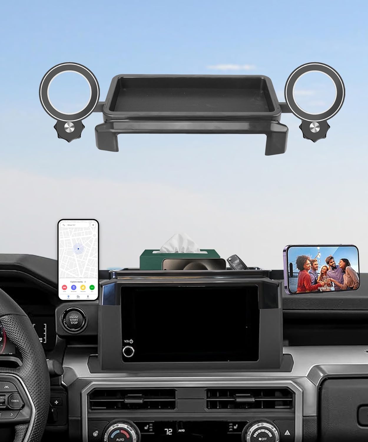 Car Phone Holder for Toyota Tacoma 2024 2025 2026 Accessories Magnetic Cell Phone Mount Apply to 8 Inch Screen Fixed Clip Hands-Free 360 Degree Rotation with Dashboard Storage Tray
