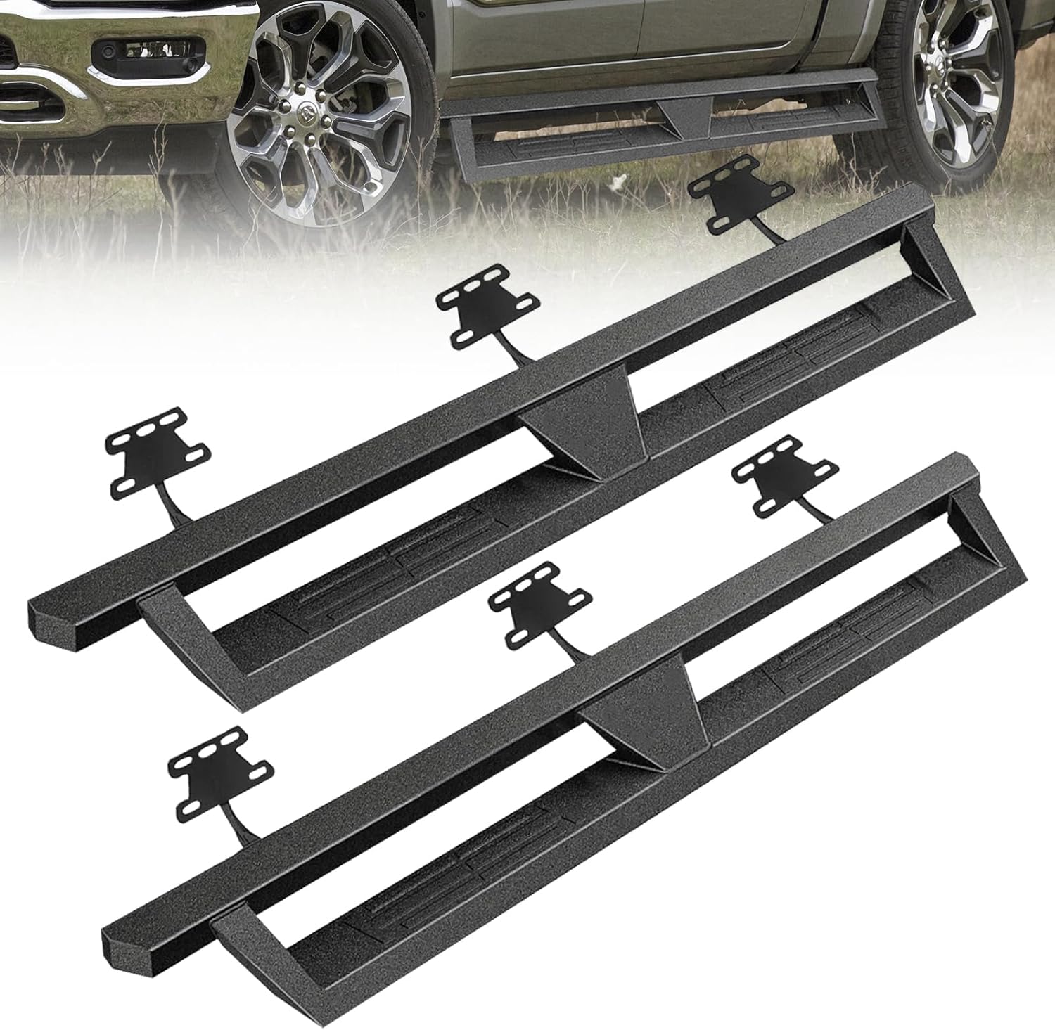Running Boards, Off-Road Side Step Compatible with 2019-2022 Dodge Ram Quad Cab Bolt-on Side Steps Heavy-Duty Carbon Steel Nerf Bars