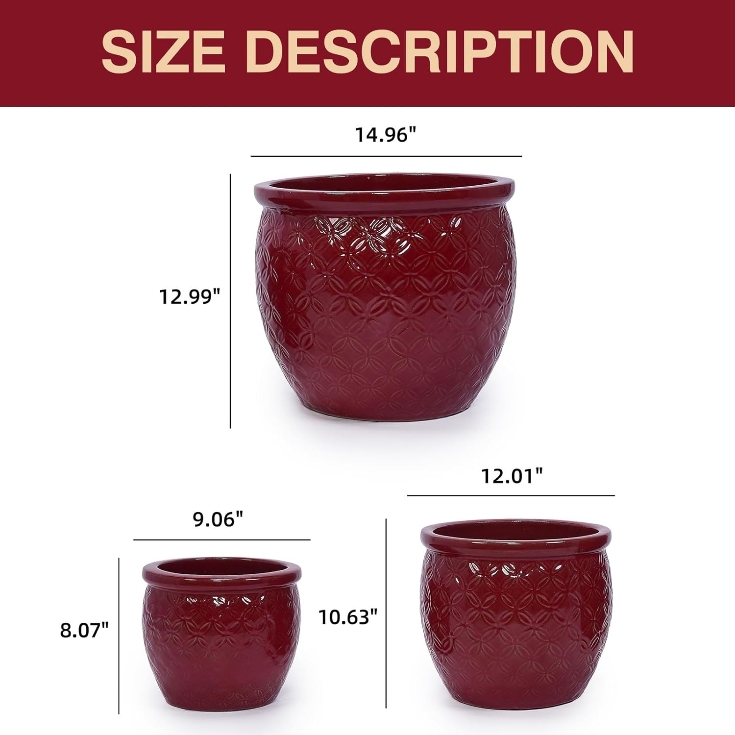 15/13/9 Inch Handmade Glazed Ceramic Planter Set of 3, Large Flower Pots with Drainage Holes, Textured Round Plant Pots for Indoor Outdoor, Patio Garden, Living Room Decor, Red