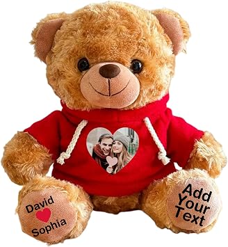 Personalized Bear Stuffed Animal with Picture Text Date, 11 Inch Customized Teddy Bear Plush Toys, Gift for Girlfriend, Boyfriend, Birthday, Anniversary, Valentines Red Hoodie