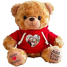 Personalized Bear Stuffed Animal with Picture Text Date, 11 Inch Customized Teddy Bear Plush Toys, Gift for Girlfriend, Boyfriend, Birthday, Anniversary, Valentines (Red Hoodie