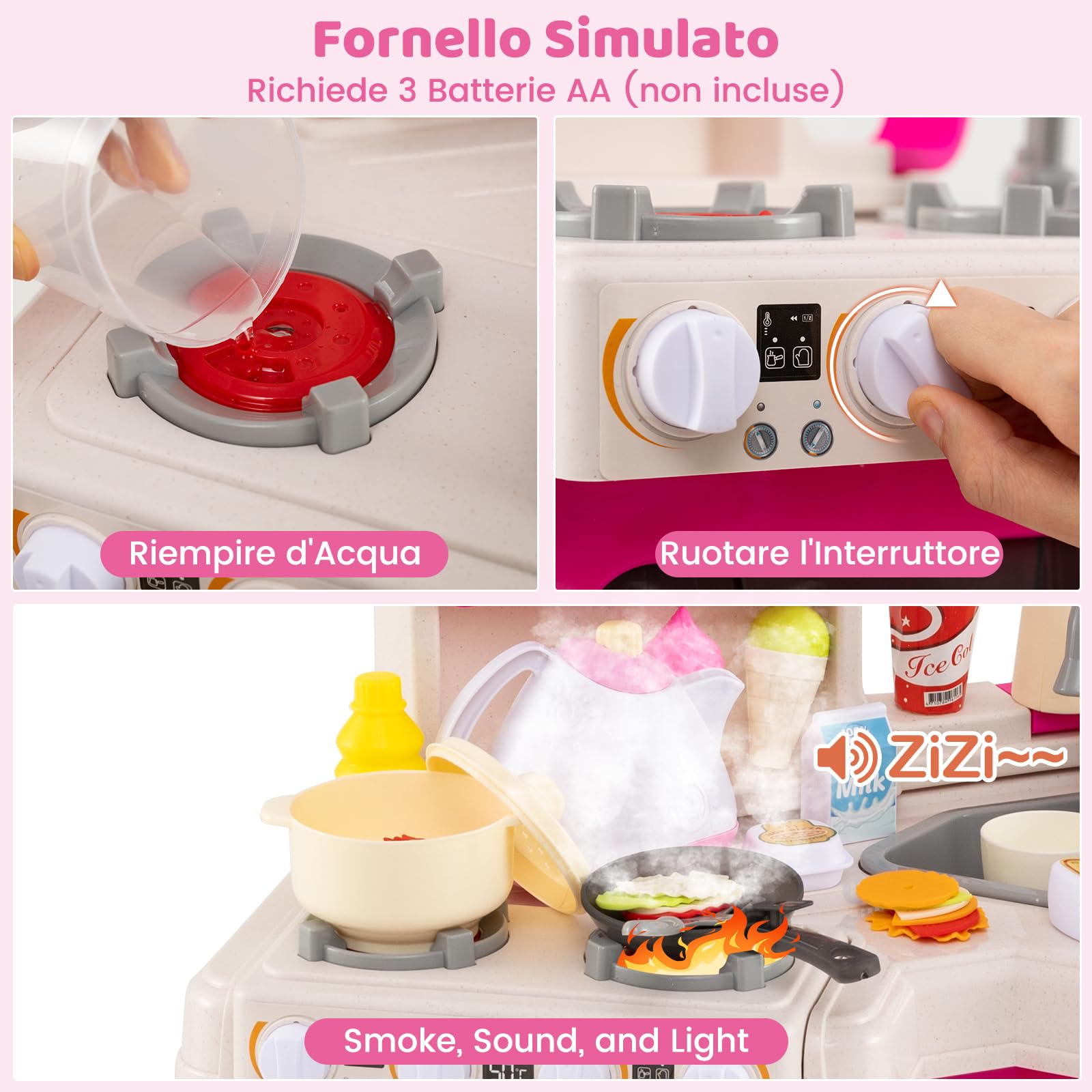 RELAX4LIFE Cucina Giocattolo per Bambini, Effetti Sonori e Luminosi, Cucina in Legno con Sistema di Circolazione dell'Acqua, Frigorifero, Forno e Cestino, Set Cucina Giochi per 3+ Anni (Rosa)
