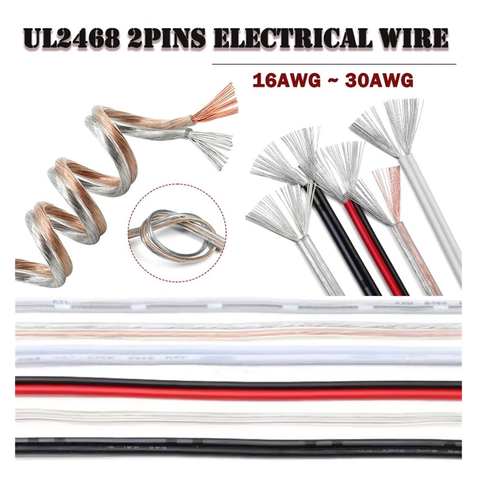Cavo Elettrico 2-50M UL2468 2Pins 20 22 AWG In Rame Stagnato Isolato In PVC Con Striscia Luminosa(Red-Black,50m 22AWG)