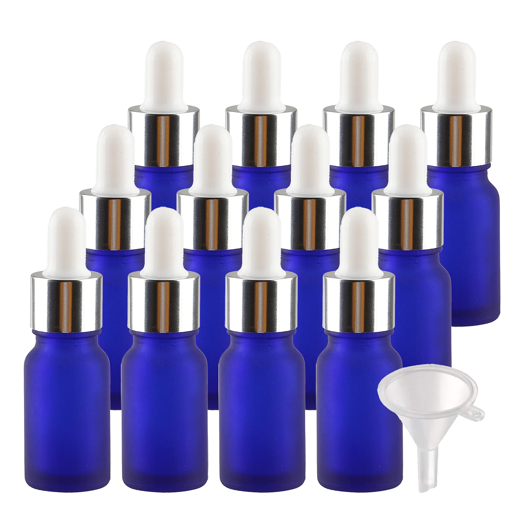 24 Pezzi Blu Opaco Bottiglie Contagocce in Vetro 10 ml, Ambra Vuoto Flaconi con Pipetta Contagocce d'argento, per Olio Essenziale, Aromaterapia con Imbuti