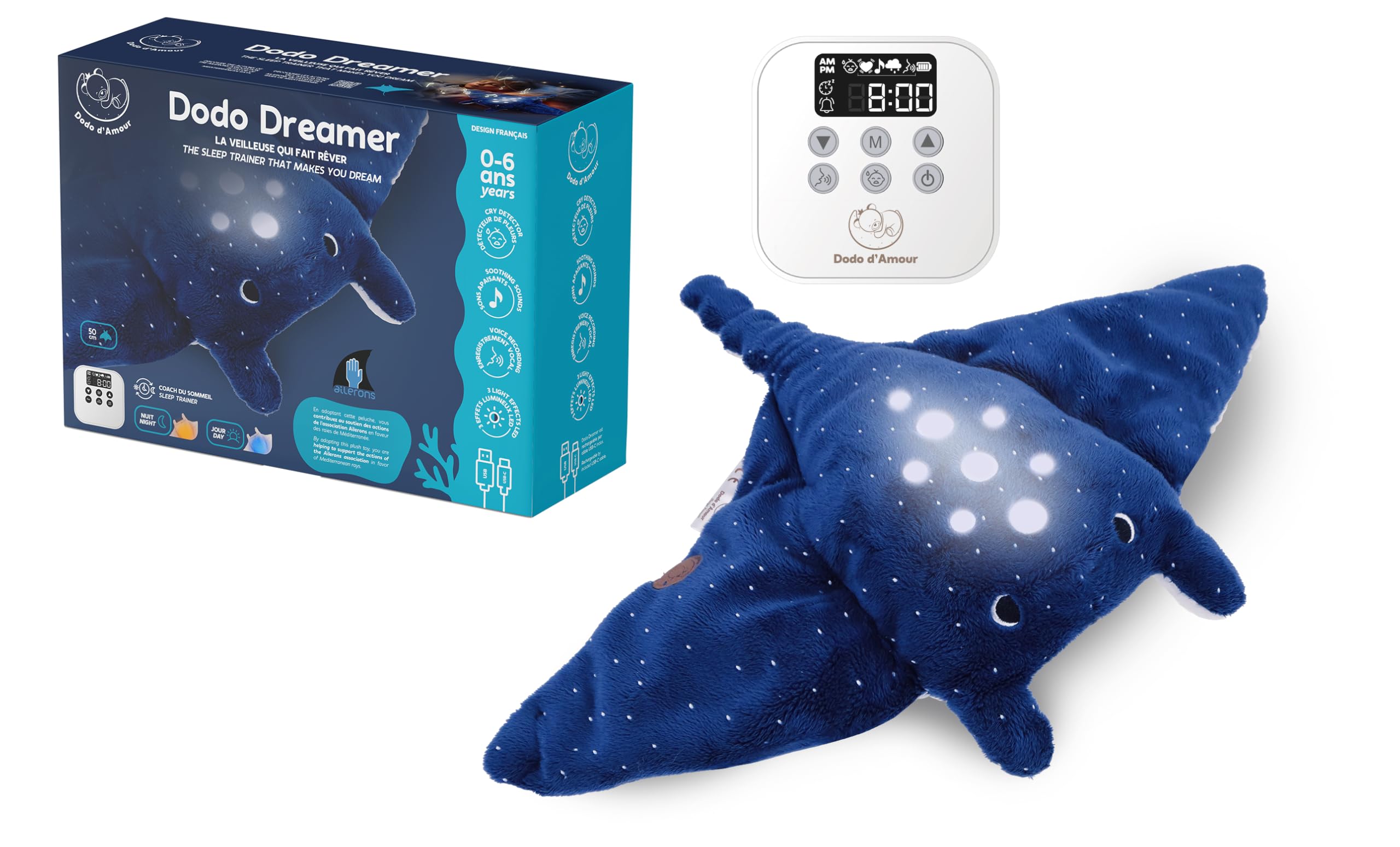 DODO D'AMOUR - Peluche Luce Notturna Manta Modula - Dodo Dreamer - 053065 - Blu - Regalo - Lavabile in Macchina - Creatore Francese - Coach del Sonno Bambino - Sleep Trainer - dalla nascita
