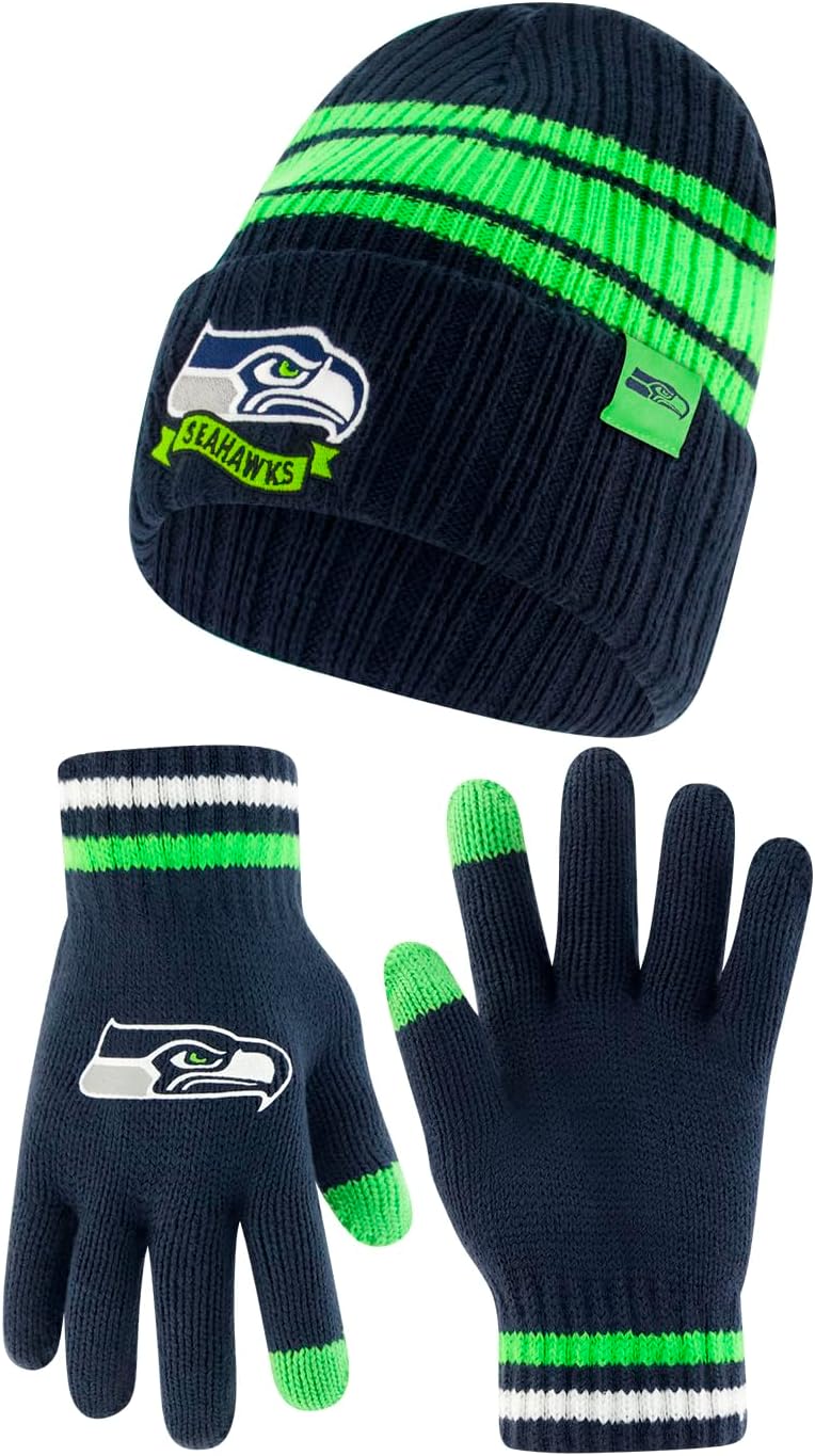 Ultra Game Adults NFL Official Super Soft Team Stripe Winter Beanie Knit Hat with Extra Warm Touch Screen Gloves