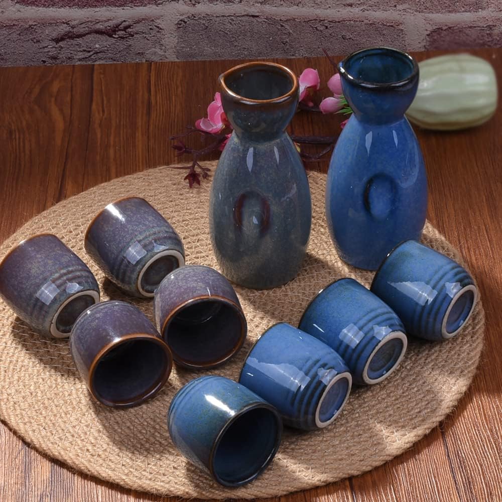 Sake Cups 5 Piece Blue Leaves Ceramic Japanese Sake Set With