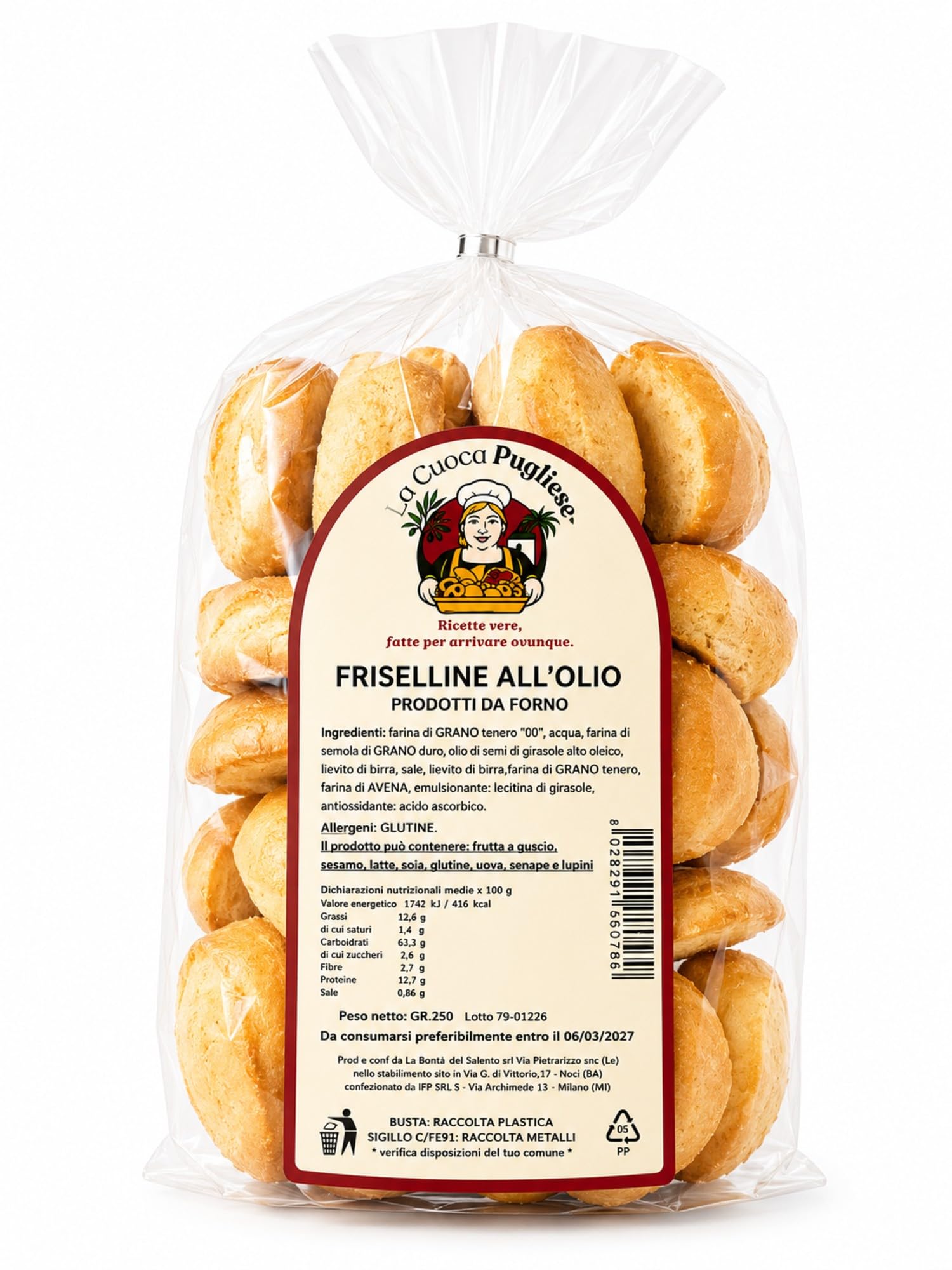 La Cuoca Pugliese - Friselline crujientes con aceite, friselline artesanales de Apulia, con aceite de oliva virgen extra 5%, paquete de 10x250 g, especialidad de Apulia