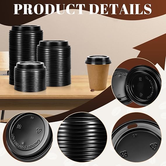 100 Pack Black Disposable Coffee Cup Lids - Fits 10-22 oz | Heavy-duty build resisting heat warping and cracking, ideal for cafes, food trucks, and office breakrooms