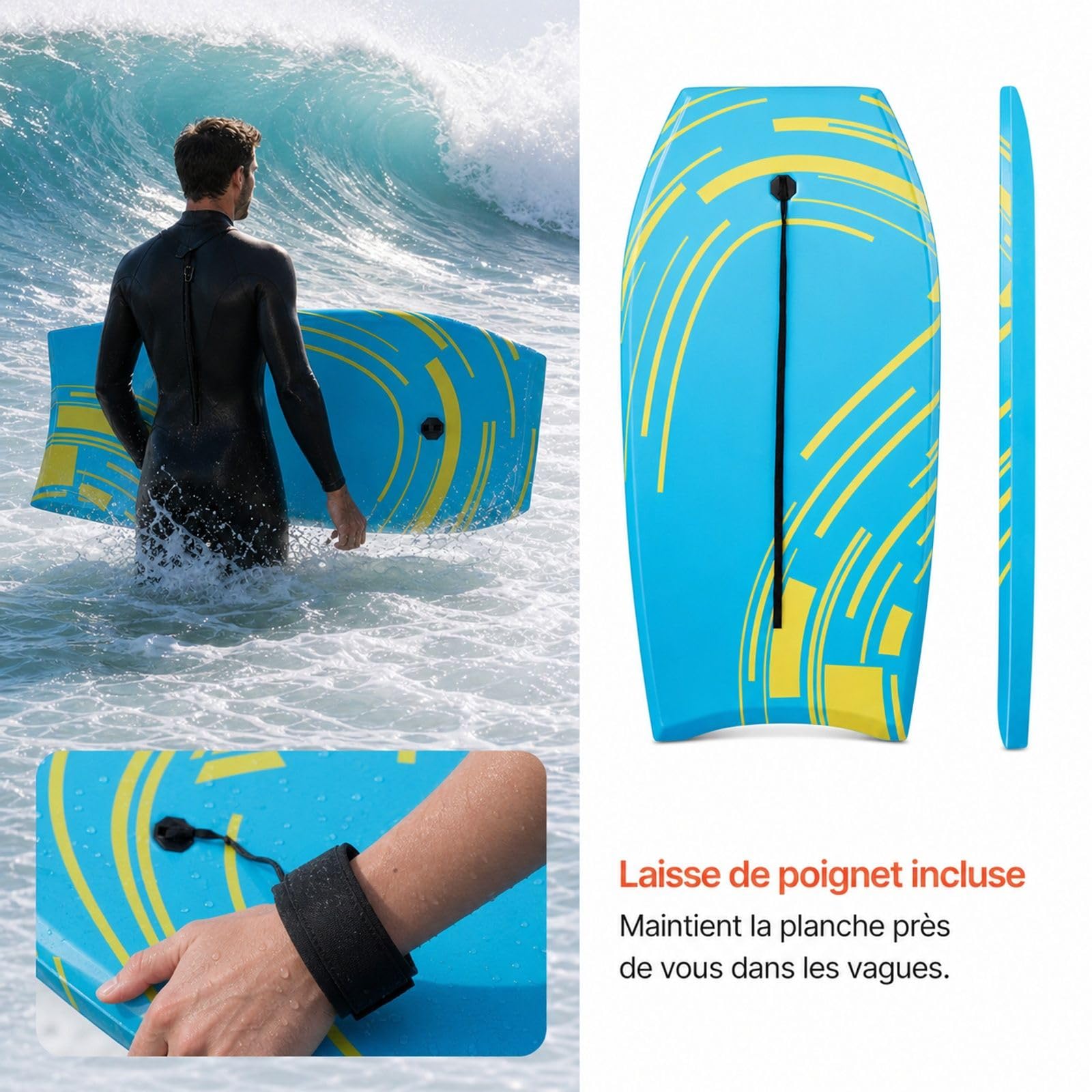 Planche de Bodyboard Bleue avec Noyau en Mousse EPS et Leash de Poignet, Planche de Boogie pour Plage, mer et Sports Nautiques