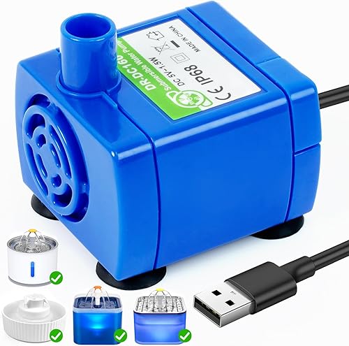 Bomba de fuente de agua para gatos (sin LED y con cepillo), bomba de agua sumergible IP68 DR-DC 160 para acero inoxidable, fuente de agua de
