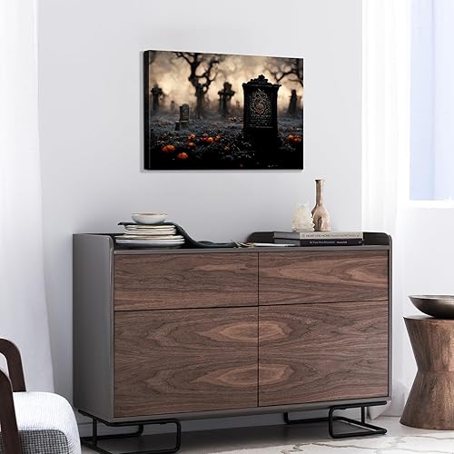 Miniatura 36 de Denozer Lienzo decorativo para pared de Halloween, castillo de terror de 32 x 24 pulgadas, decoración de pared de luna, decoración de otoño de Obra