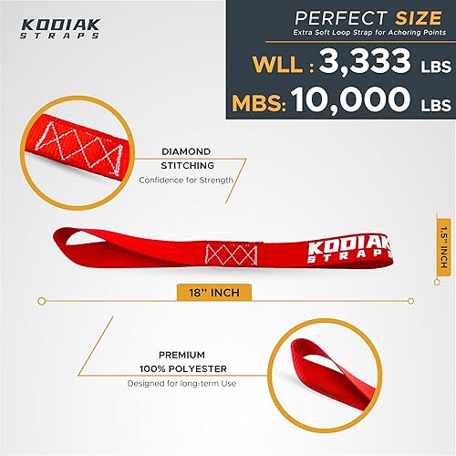 Miniatura 7 de Correas de amarre de bucle suave, 1.5 x 18 pulgadas, capacidad de carga de 10,000 libras, color amarillo, paquete de 6 trabillas para asegurar ATV,