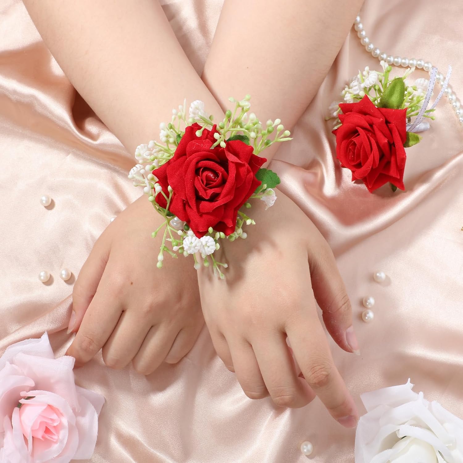 Larrel 2 Pcs Corsage and Boutonniere Set, Royal Red Corsage Wristlet Band Pearl Bracelet Wedding Flower Accessories for Men Wedding Prom Party Suit Decoration - Image 4
