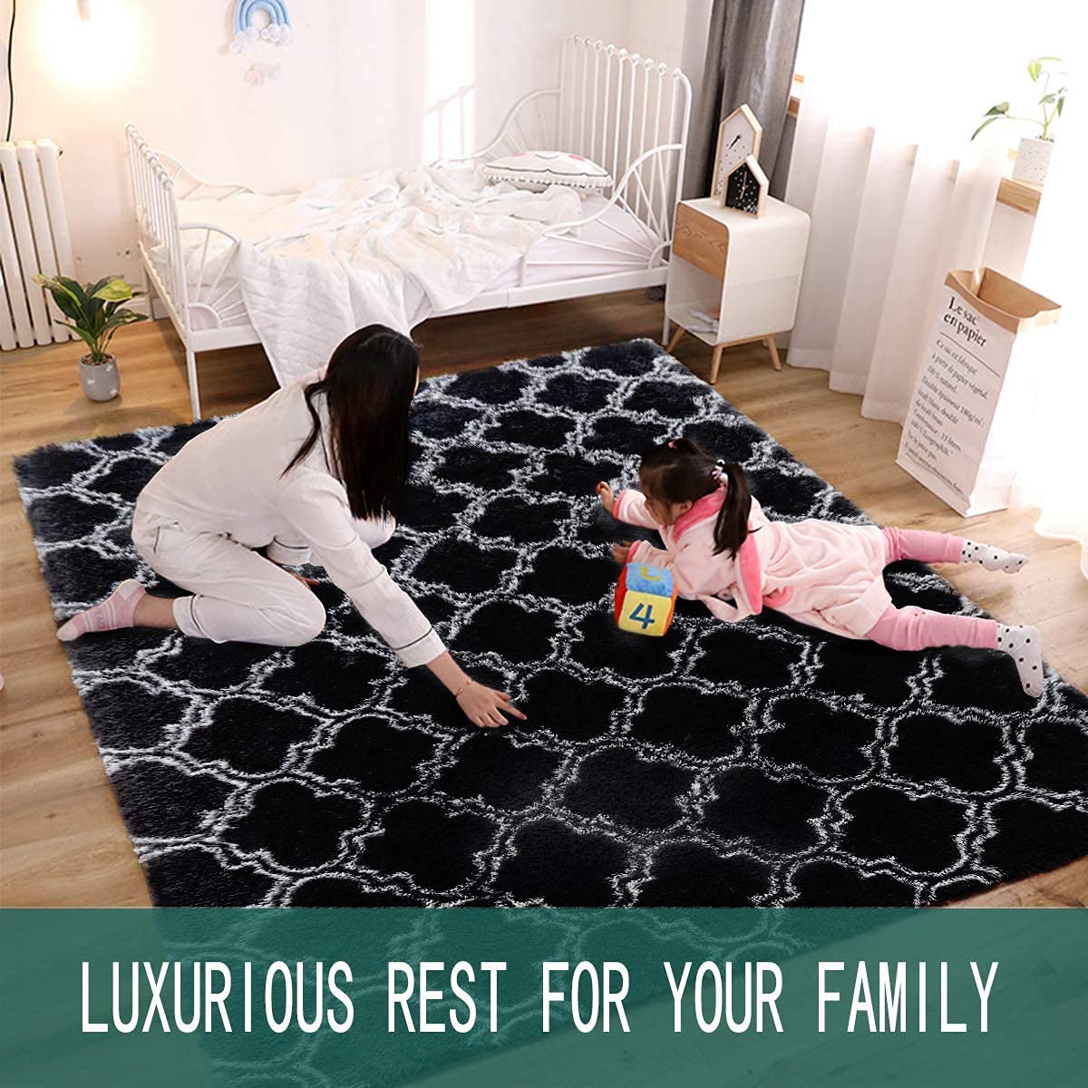 Calore Woonkamer Tapijt, Shaggy-tapijt, slaapkamer, modern tapijt, indoor, comfortabel, huis, vloertapijt (Zwart grijs, 80 x 120 cm