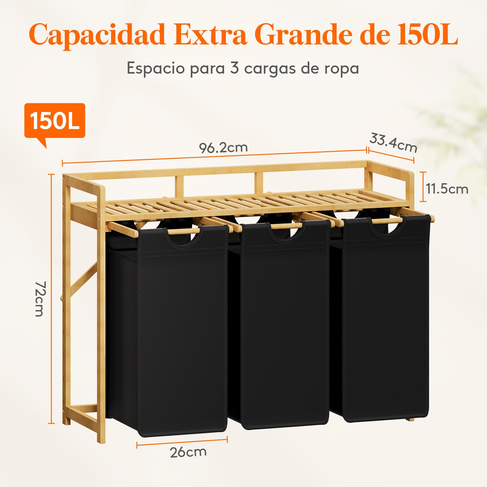 Lifewit Cesto para la Ropa 150L con 3 Compartimentos, Gran Cesta de Ropa con 3 Bolsas Extraíbles, Mueble para Ropa Sucia para Dormitorio, Baño, Lavadero, Negro