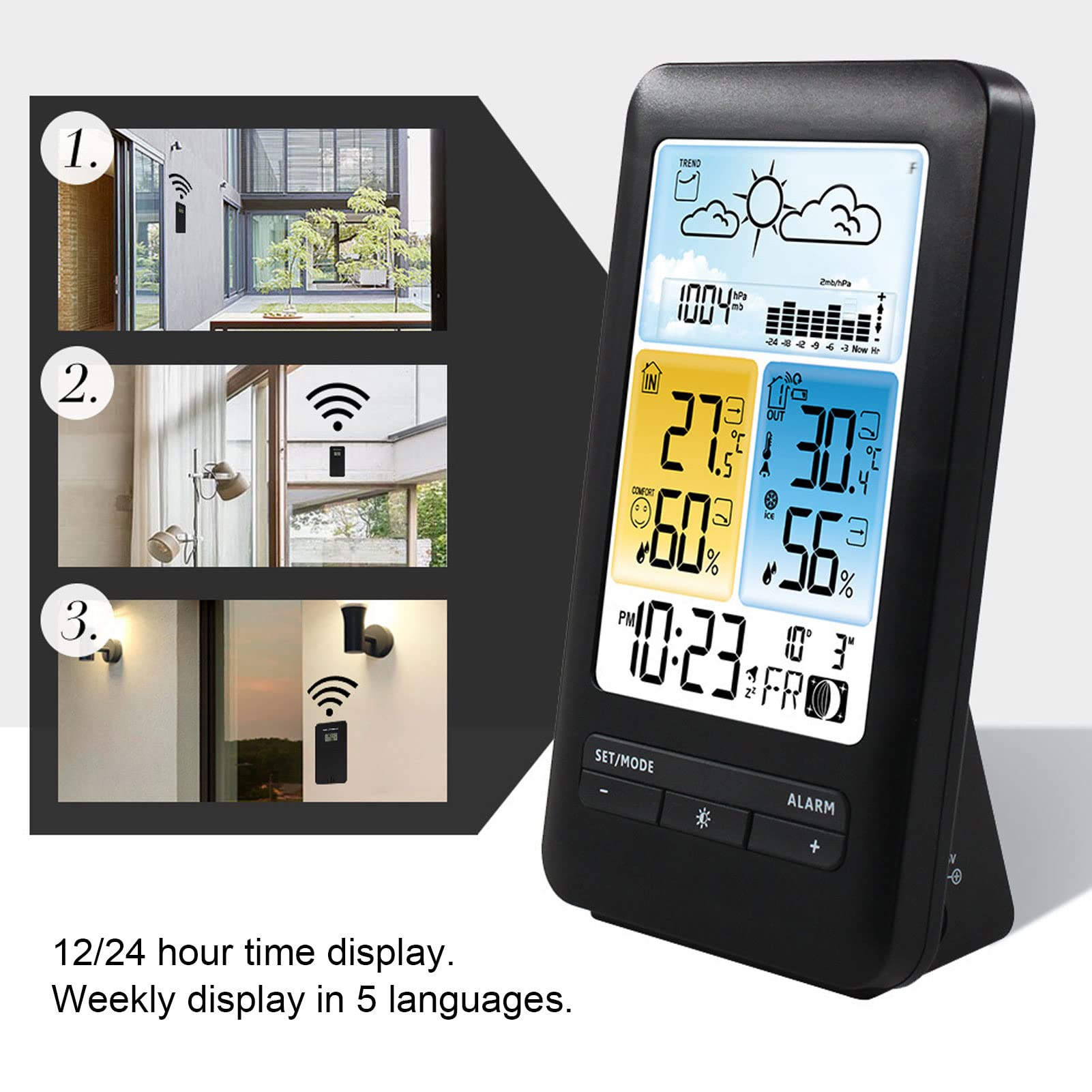 Restokki Home Weather Clock Indoor Outdoor Temperature and Humidity Meter Weather Forecast Clock Color Screen