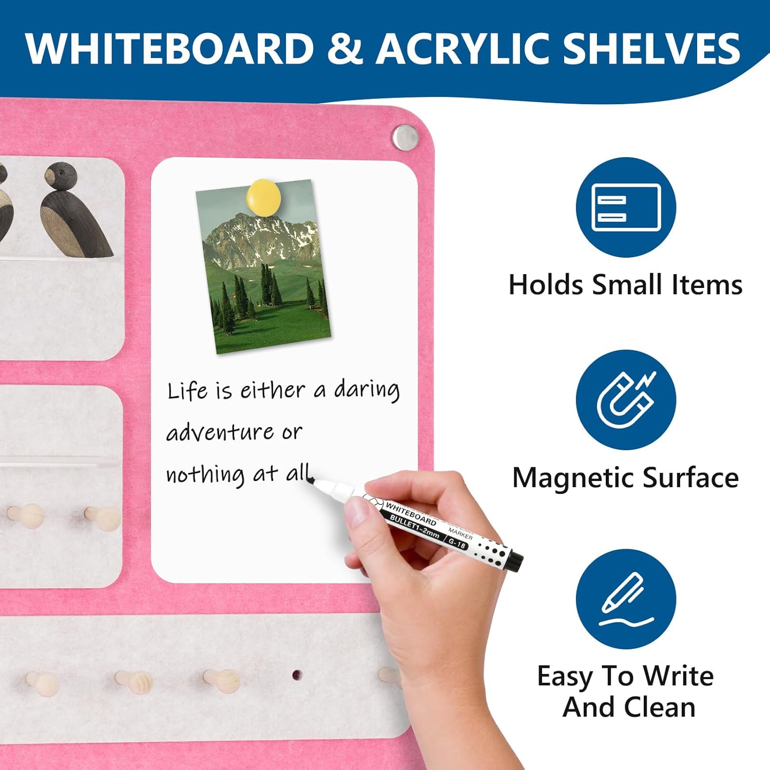 DOLLAR BOSS 3-in-1 Foldable Bulletin Board 16"x24" Vertical- Magnetic Whiteboard with Cork & Acrylic Shelves, Sound-Absorbing Felt for Home/Office/Dorm Includes Pins/Magnets (Pink)